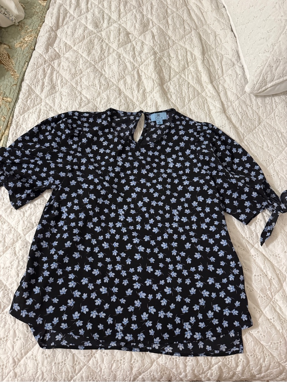 CeCe Black Blouse with Light Blue Floral Print and Tie Sleeves